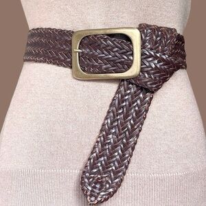 Square Buckle Wide Oversized Brown Woven Braided Leather Belt Size L